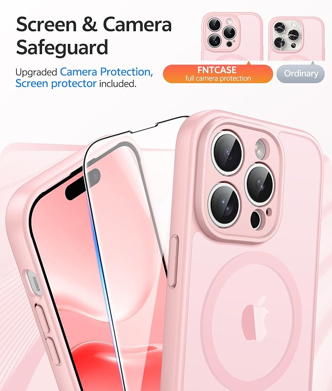 FNTCASE for iPhone 14 Pro Case: [Compatible with Magsafe] Translucent Matte Cases with [Full Camera Protection] [Screen Protector] Military Grade Shockproof Protective Phone Cover - Light Pink