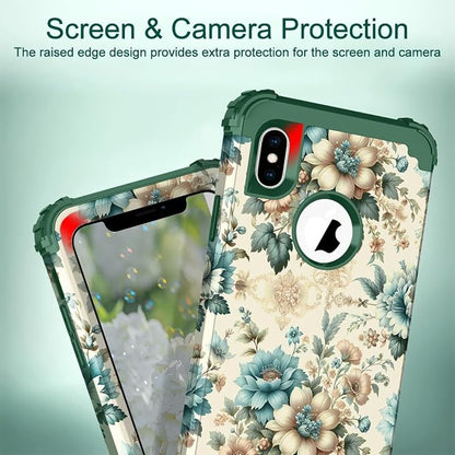 Hocase for iPhone Xs Max Case, Heavy Duty Shockproof Protection Soft Silicone Rubber+Hard Plastic Bumpers Hybrid Protective Case for iPhone Xs Max (6.5") 2018 - Teal Blue Flowers