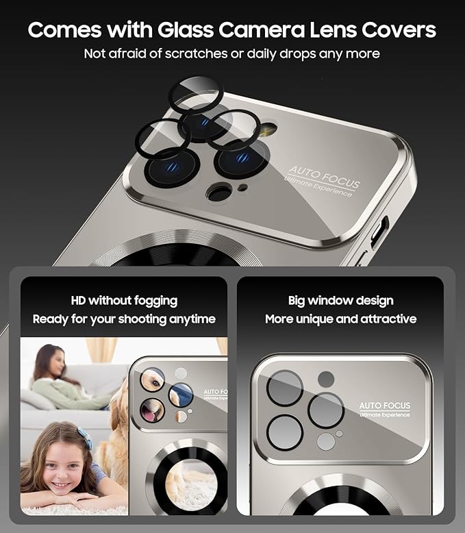 Magnetic for iPhone 15 Pro Max Case, Compatible with MagSafe, Built-in Camera Lens Protector, Logo View, Military Grade Drop Proof Phone Cover, Titanium Gray