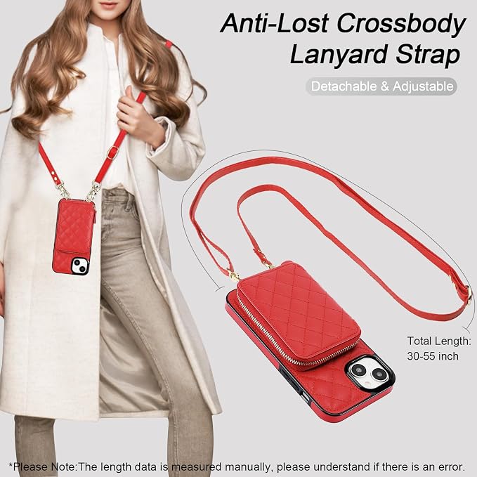 Bocasal Crossbody Wallet Case for iPhone 15 Plus, RFID Blocking PU Leather Zipper Handbag Purse Flip Cover, Kickstand Folio Case with Card Slots Holder Wrist Strap Lanyard 5G 6.7 Inch (Red)