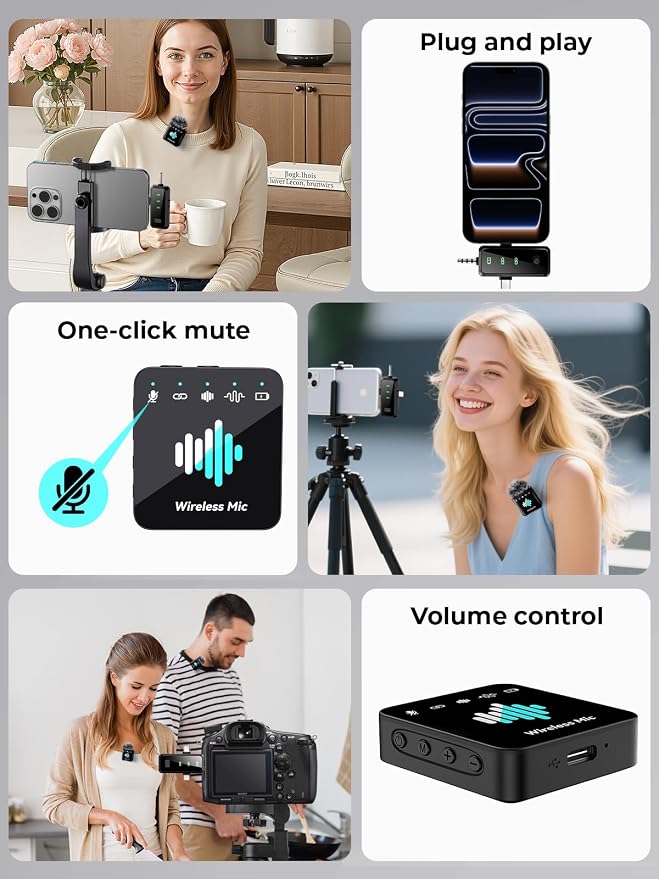 Wireless Lavalier Microphone for iPhone: Mini Microphone Noise Reduction - 328ft Transmission & 20H Battery Life for Video Recording, 3-in-1 Universal Camera & Android, Deep Grey