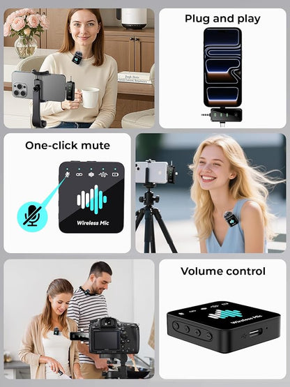 Wireless Lavalier Microphone for iPhone: Mini Microphone Noise Reduction - 328ft Transmission & 20H Battery Life for Video Recording, 3-in-1 Universal Camera & Android, Deep Grey