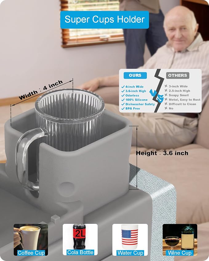 Silicone Couch Cup Holder, VIENFUT Anti-Spill and Anti-Slip Sofa Armrest Tray, Dirt-Resistant Silicone Couch Arm Tray for Remote, Snacks, Cellphone and iPad, Gift for Family, Friend (Gray)