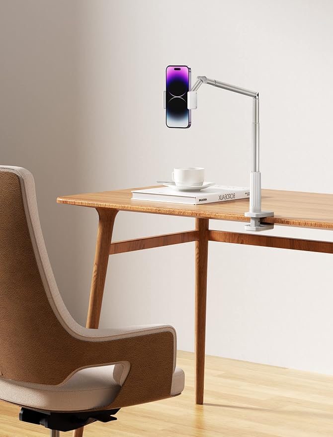 JSAUX Phone Holder for Desk and Bed Compatible with iPhone 16 15 14 13 12 Overhead Phone Mount Gooseneck Phone Stand Flexible 360 Lazy Long Arm Clamp Clip for Table Bedside [1-Pack, White]