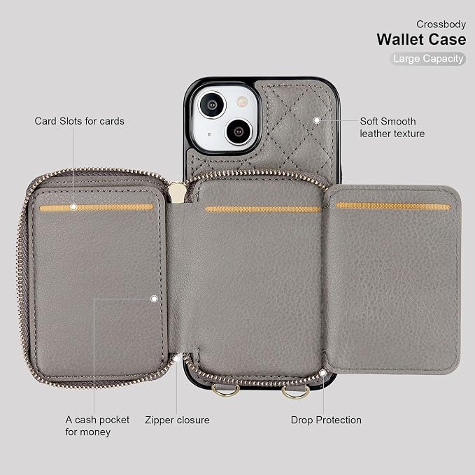 Bocasal Crossbody Wallet Case for iPhone 14, RFID Blocking PU Leather Zipper Handbag Purse Flip Cover, Kickstand Folio Case with Card Slots Holder Wrist Strap Lanyard 5G 6.1 Inch (Grey)