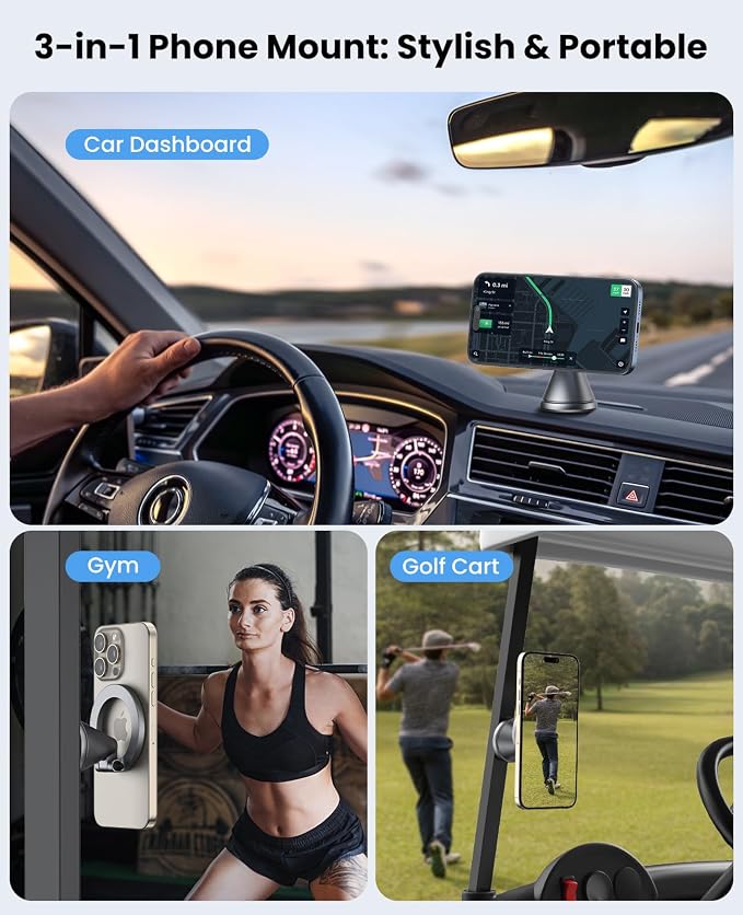 Detachable Magnetic Phone Holder for Car & Gym - All Aluminum Alloy Base Stays on Car Dashboard, Portable Phone Mount for iPhone 12/13/14/15/16/17 Series