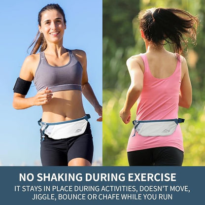 INOXTO Slim Running Belt Fanny Pack for Women and Men Sports Waist Bag Pack with 300ml Water Bottle for Running Walking Cycling Hiking Reflective Running Pouch Belt for All Phones (Black) (White Blue)