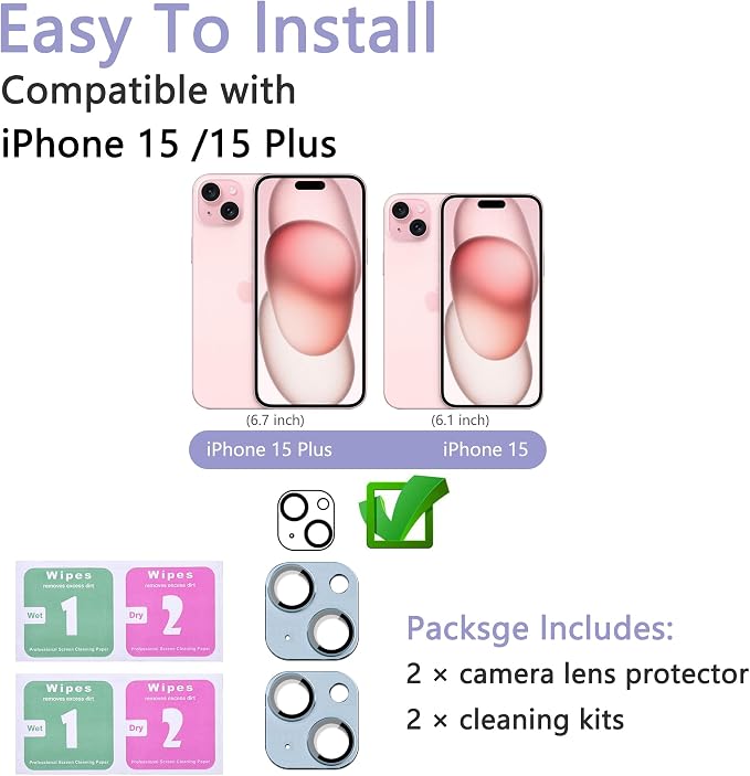 2 Pack Camera Lens Protector for iPhone 15/15 Plus,[Not Easy to Breakn ] AR Tempered Glass Strong Adsorption Metal Camera Cover Screen-Light blue