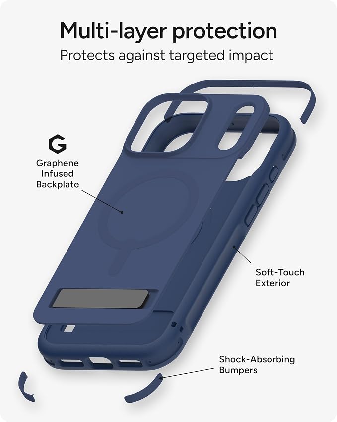 ZAGG Sedona Snap Case with Kickstand for iPhone 17 Pro - Navy Blue, Drop Protection (13ft/4m), Multi-Layer Protection, with Camera Button, MagSafe Phone Case with Impact-Absorbing Bumpers