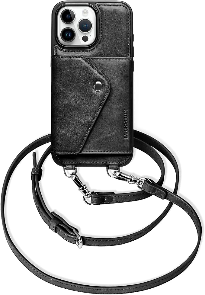 LUCKYCOIN for iPhone 16 Pro Max Crossbody Wallet Case – Genuine Leather Phone Purse with Adjustable Strap and Card Holder,Lanyard Phone Purse Case for Women,Vintage Black