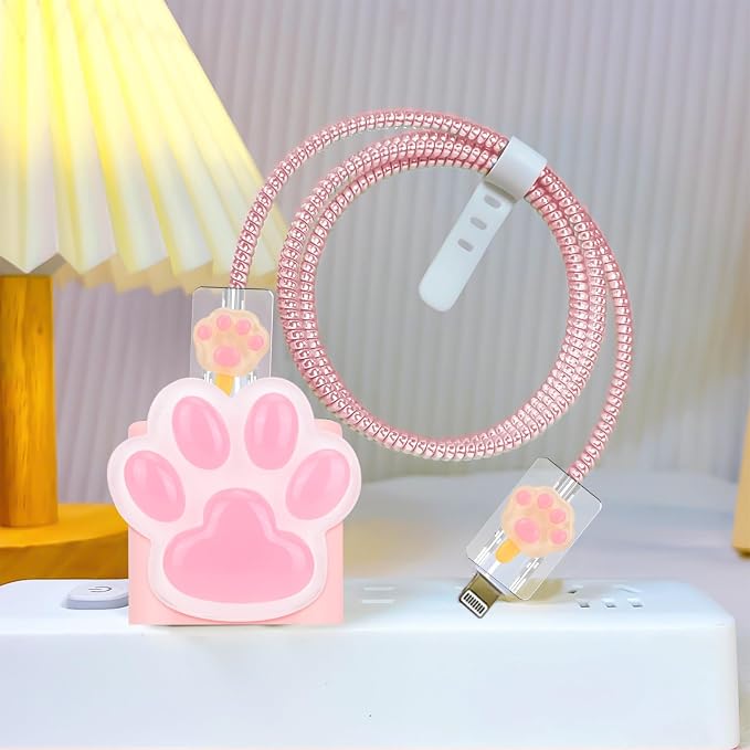 CameCosy Phone Charger Storage Case Cover Sets with Cable Protector for iPhone Charger, Wave Travel Storage Bag, Cord Wire Saver Cable Organizer Soft DIY Charger Protector (Pink Cat Claw)