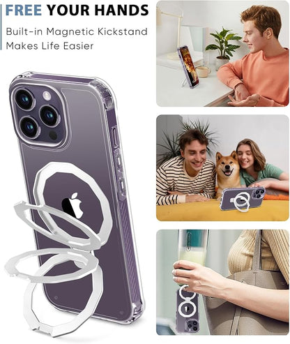 for iPhone 14 Pro Case, with Screen Protector + Camera Lens Protector, Built-in Seamless Stand, [Compatible with MagSafe] Protective Shockproof Phone Case, Cover for iPhone 14Pro - Clear