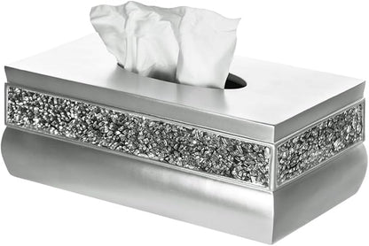 Crackled Glass Silver Tissue Box Cover Rectangular - Decorative Bling Tissue Box Holder With Beautiful Mosaic Glass - Elegant Tissue Holder For Bathroom With Durable Bottom Slider (Silver Collection)