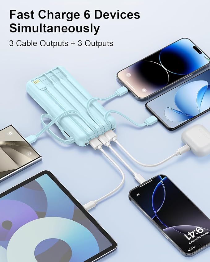 Portable Charger 10000mAh 22.5W Power Bank | Built in 4 Cables, Slim, Fast Charging, USB C LED Display, 6 Outputs & 2 Inputs, Flashlight