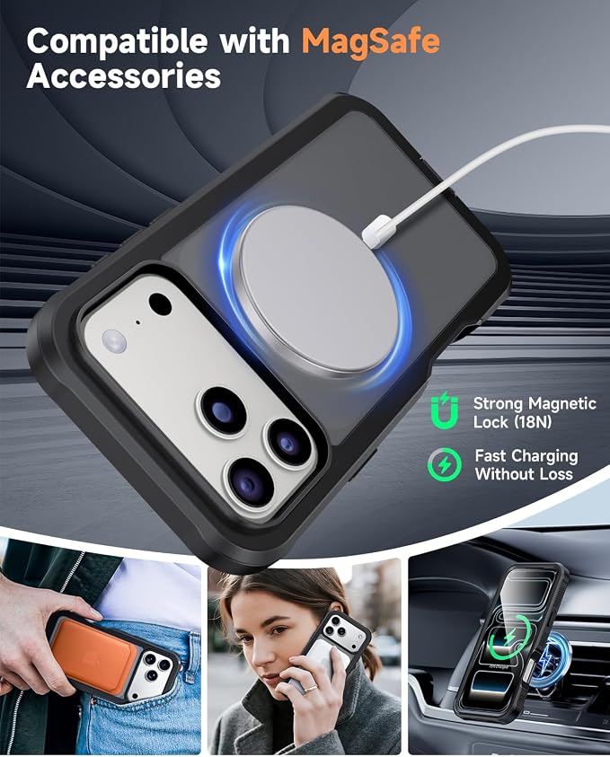seacosmo for iPhone 17 Pro Max Case, Full Body Bumper with Built-in Tempered Glass Screen and Camera Lens Protector, Compatible with MagSafe, Shockproof 17 Pro Max Phone Case, 6.9", Black Matte