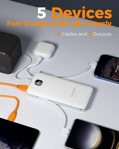 Portable Charger with Built in Cables,TESSAN 10000mAh Power Bank Fast Charging with Foldable Wall Plug Charger, PD20W Compact Battery Pack Travel Essentials for iPhone 17/16/15 Series,Samsung,Tablets