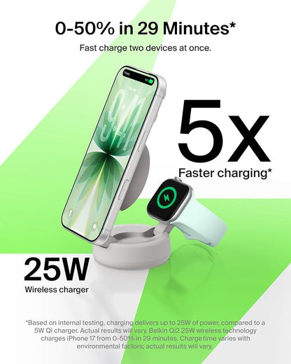 Belkin MagSafe Charger Compatible, 2-in-1 Wireless Charging Station, Qi2.2 25W Convertible Magnetic Charger for iPhone 17, Apple Watch Series 10, Google Pixel 10, and More (45W Adapter Included)