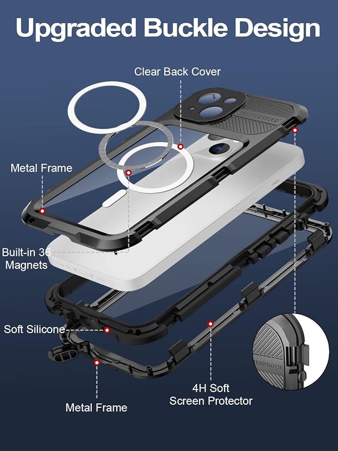 WIFORT for iPhone 14 Plus Waterproof Case - Built-in [Screen Protector][IP68 Water Proof][14FT Military Grade Shockproof], Rugged Metal Full Body Aluminum Protective Drop Protection Cover, 6.7" Black