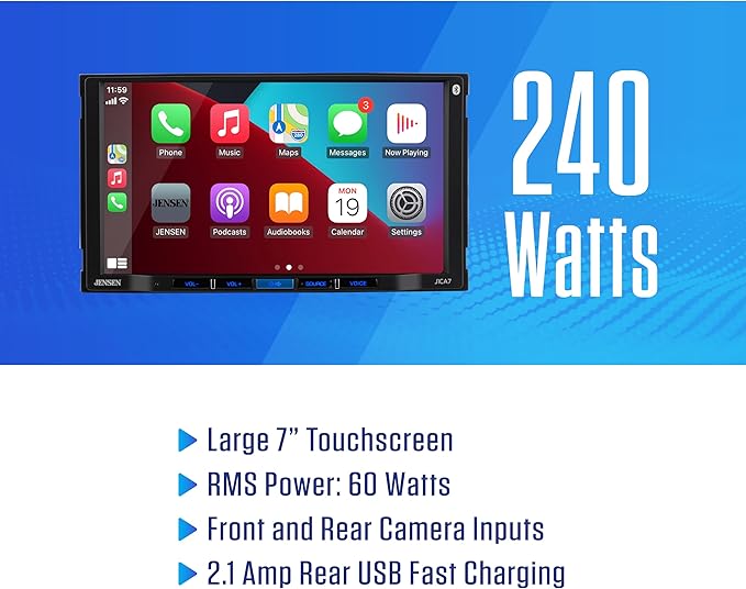 JENSEN J3CA7W-BUC 7-inch Certified Apple CarPlay Android Auto Wired or Wireless | Double DIN Touchscreen Car Stereo Radio | Bluetooth | Backup Camera Included | USB Playback & Charge
