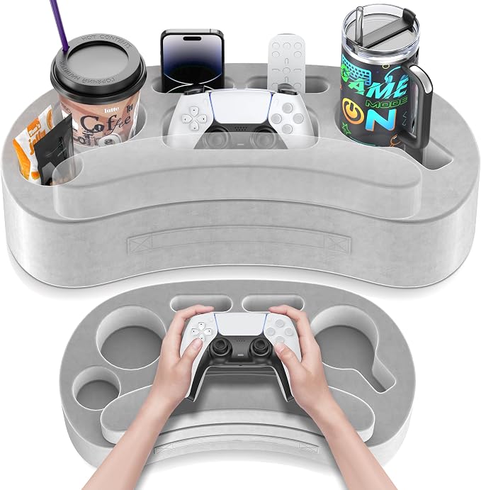 LVVIL Couch Cup Holder Pillow Tray with 6 Slots, Gaming Pillow Couch Cupholder Tray with Armrest Cushion, Couch Caddy & Buddy with Drink, Controller, Remote, Phone Holder, Gaming Snack Holder