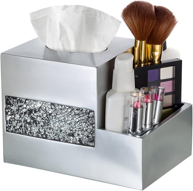 Crackled Glass Tissue Box Cover Square Silver Decorative Multi-function Storage Organizer Caddy; Tissue Box Holder & Countertop Nightstand Bedside Table Organizer Makeup, Phone, Remote Control Holder