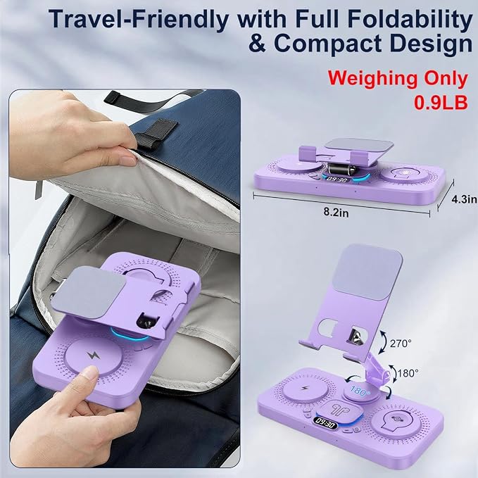 30W Charging Station for Apple Products, Foldable Wireless Charger with Clock Display&7 Color Light, Wired Charging for iPad/Tablet Charging Station for iPhone17, for Apple Watch11 for AirPods4(Purple