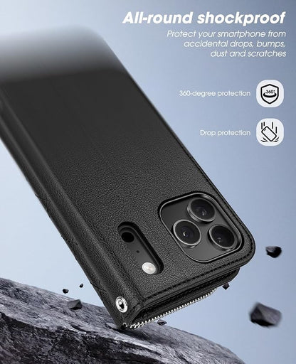 OCASE for iPhone 17 Pro Crossbody Wallet Case - Stylish PU Leather Handbag Phone Purse with Zipper Closure, Card Slots & RFID Blocking - Wrist Strap, Lanyard, Kickstand - Diamond Check Black