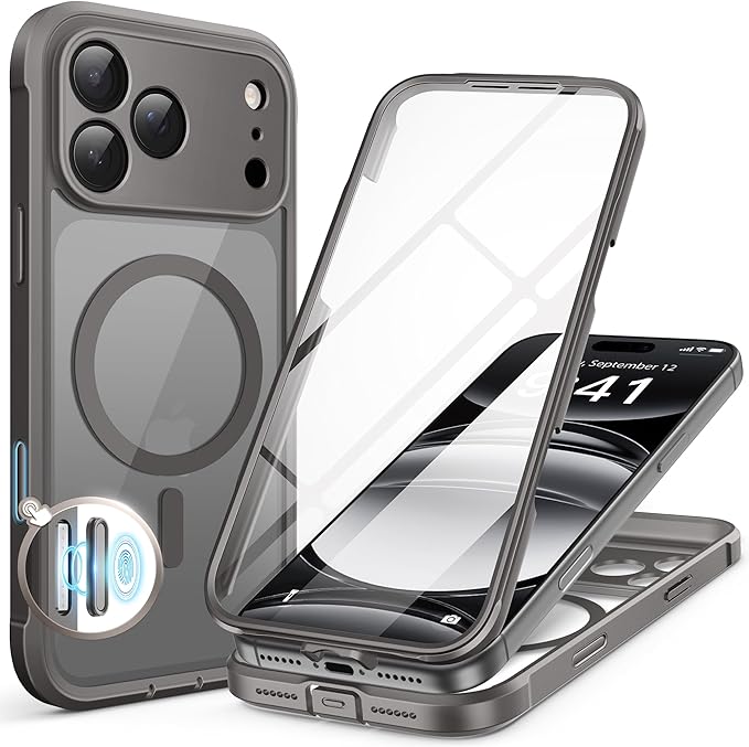 BERFY for iPhone 17 Pro Case, Compatible with MagSafe, Built-in Glass Screen Protector, Camera Protection, Shockproof Full Body Phone case 6.3", Clear Grey