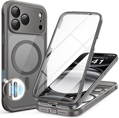 BERFY for iPhone 17 Pro Case, Compatible with MagSafe, Built-in Glass Screen Protector, Camera Protection, Shockproof Full Body Phone case 6.3", Clear Grey