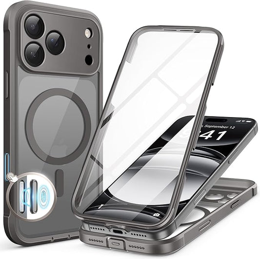BERFY for iPhone 17 Pro Case, Compatible with MagSafe, Built-in Glass Screen Protector, Camera Protection, Shockproof Full Body Phone case 6.3", Clear Grey