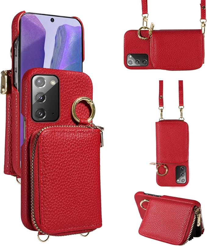 Wallet Case for Samsung Galaxy Note 20 5G with Shoulder Strap Ring Buckle, PU Leather Zipper Flip Organ Purse, Card Holder Stand Phone Cover for Note20 Notes 20s Twenty Not S20 Women Men Red