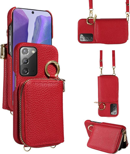 Wallet Case for Samsung Galaxy Note 20 5G with Shoulder Strap Ring Buckle, PU Leather Zipper Flip Organ Purse, Card Holder Stand Phone Cover for Note20 Notes 20s Twenty Not S20 Women Men Red