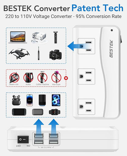 BESTEK Universal Travel Adapter 220V to 110V Voltage Converter with 0-2.4A 4 Port USB Charging and UK/AU/US/EU Worldwide Plug Adapter (White)