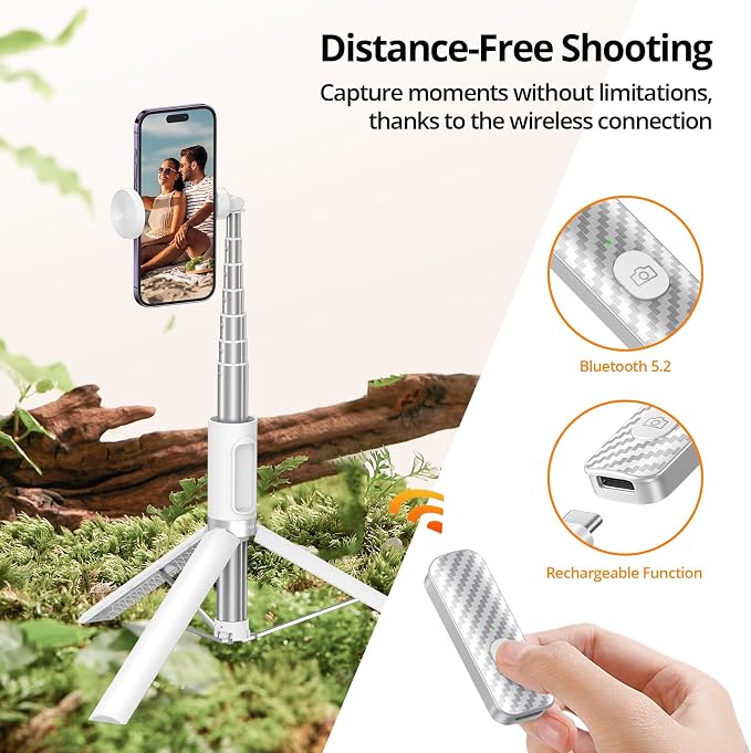ATUMTEK 55" Selfie Stick Tripod, All-in-one Extendable Aluminum Travel Tripod with Rechargeable Bluetooth Remote, Phone Selfie Stick 360° Rotatable for iPhone 17 Pro Max 16/15/14/13 Smartphones, White