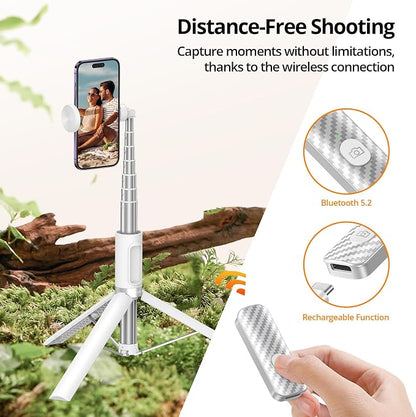 ATUMTEK 55" Selfie Stick Tripod, All-in-one Extendable Aluminum Travel Tripod with Rechargeable Bluetooth Remote, Phone Selfie Stick 360° Rotatable for iPhone 17 Pro Max 16/15/14/13 Smartphones, White