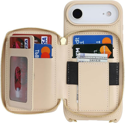 Crossbody Wallet Case for iPhone Air, PU Leather Zipper Handbag Purse Flip Cover, Kickstand Folio Case with Card Slots Holder Wrist Strap Lanyard 5G 6.5 Inch-White