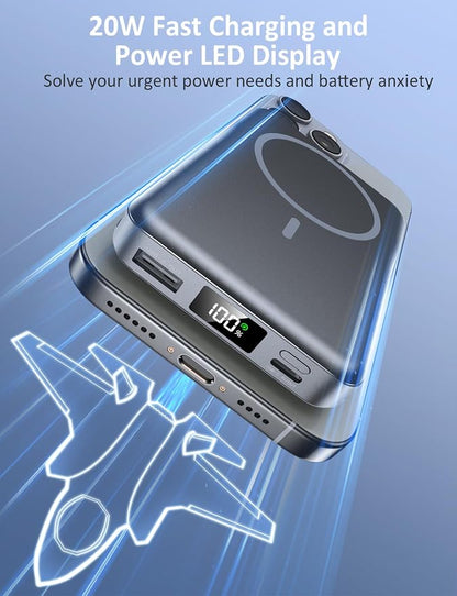 Magnetic Portable Charger, 10000mAh Power Bank, 5 in 1 Portable Charger with Built in Cable, 20W Fast Charging for Magsafe Battery Pack Compatible with iPhone 17/16/15/14/13/12 Pro/Pro Max-SpaceGray