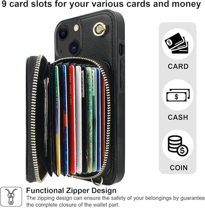 Bocasal Crossbody Wallet Case for iPhone 14 iPhone 13, RFID Blocking Leather Purse Case with Card Holder, Protective Handbag Flip Cover with Zipper Wrist Strap Lanyard for Women 5G 6.1 Inch (Black)