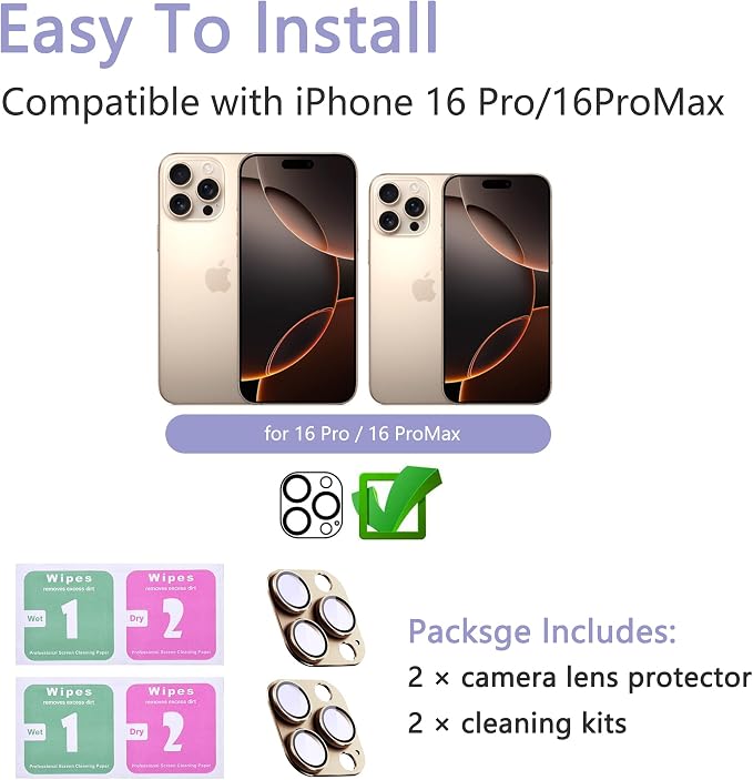 2 Pack Camera Lens Protector for iPhone 16 Pro/16 Pro Max,[Not Easy to Breakn ] AR Tempered Glass Strong Adsorption Metal Camera Cover Screen-Desert Gold