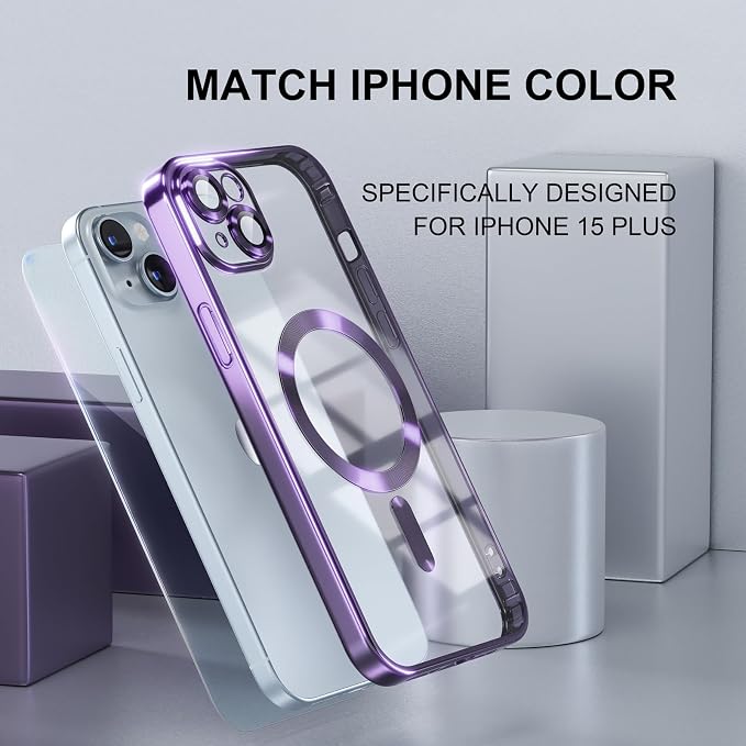 Misea Magnetic for iPhone 15 Plus Case Compatible with MagSafe [Never Yellowing] [Military Grade Drop Protection] Full Camera Lens Protector Plating Soft Clear Phone Case for Women, Purple
