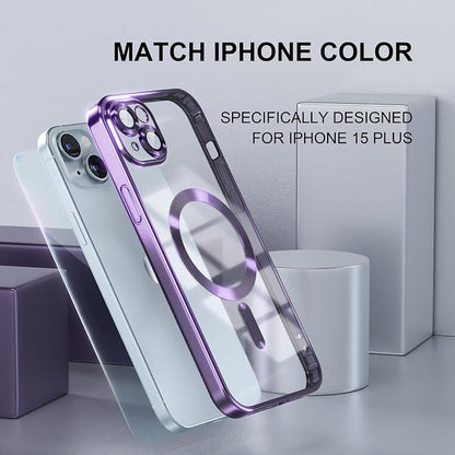 Misea Magnetic for iPhone 15 Plus Case Compatible with MagSafe [Never Yellowing] [Military Grade Drop Protection] Full Camera Lens Protector Plating Soft Clear Phone Case for Women, Purple
