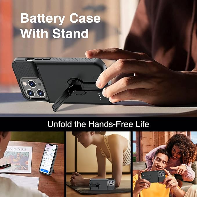 GIN FOXI Battery Case for iPhone 14 Pro Max/14 Plus/13 Pro Max/12 Pro Max, Rechargable Charging Case with Stand 8000mAh Portable Extended Case Cover for 14 Pro Max,14Plus,13/12Pro Max Black