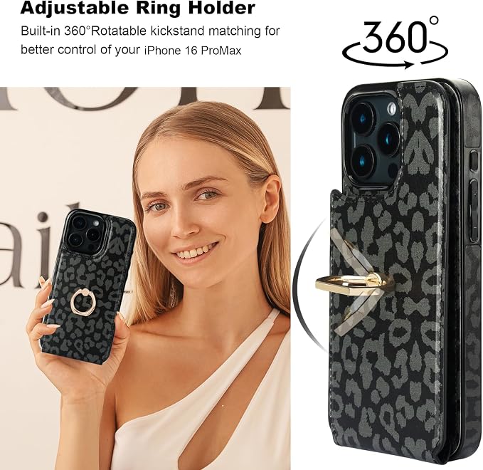 HAOPINSH for iPhone 16 Pro Max Wallet Case with Card Holder, 360°Rotation Ring Kickstand, Black Leopard Pattern, RFID Blocking Leather for Girls Women, Double Buttons Protective Cover 6.9"