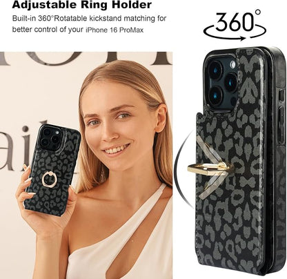 HAOPINSH for iPhone 16 Pro Max Wallet Case with Card Holder, 360°Rotation Ring Kickstand, Black Leopard Pattern, RFID Blocking Leather for Girls Women, Double Buttons Protective Cover 6.9"