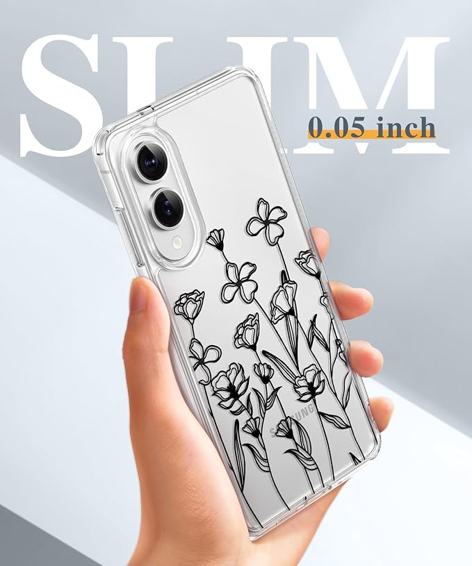 GVIEWIN for Samsung Galaxy S25 Edge Case, Clear Floral Shockproof Protective Women Phone Case, Non-Yellowing, Screen&Camera Lens Protector for Galaxy S25 Edge 6.7",Sketch/Black