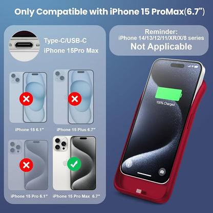 Battery Case for iPhone 15Pro Max, Upgrade 8600mah Portable Slim Battery Charging Case, 15W Fast Charging Rechargeable Protective Extended Charger Cover for iPhone 15 Pro Max (6.7 inch)-Red