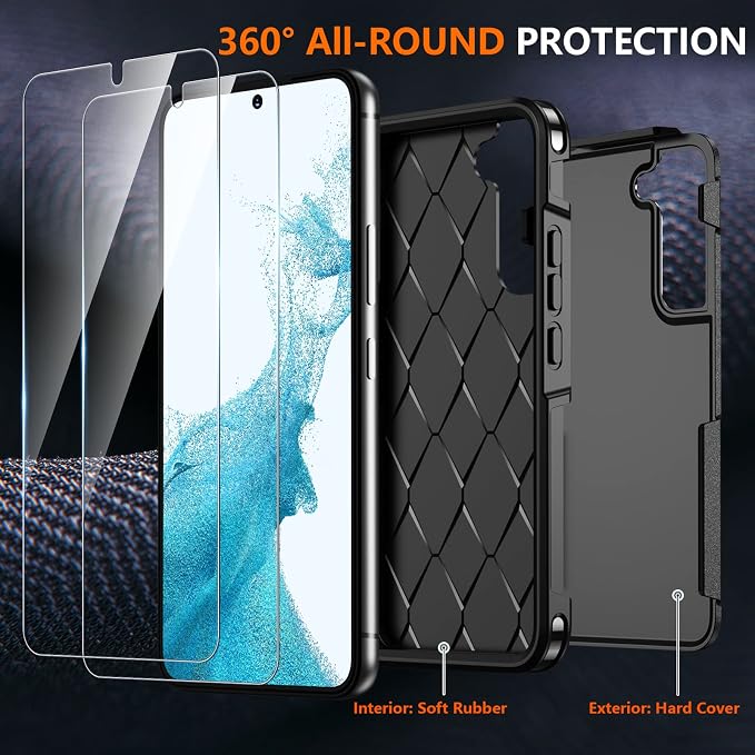SPIDERCASE Designed for Samsung Galaxy S22 Case, [10 FT Military Grade Drop Protection], 2 Pack [Tempered Glass Screen Protector+Camera Lens Protector] Heavy Duty Shockproof Case, Black