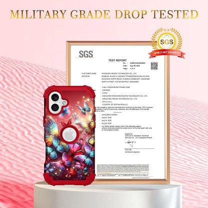 Hocase for iPhone 17 Case 6.3", Heavy Duty Shockproof Protection Soft Silicone Rubber+Hard Plastic Bumpers Hybrid Protective Case for iPhone 17 2025 - Shimmering Butterflies in Red