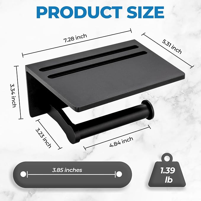 Toilet Paper Holder with Shelf, Black Anti-Rust Aluminum Tissue Roll Holder with Mobile Phone Storage Shelf for Bathroom, 3M Self Adhesive No Drilling or Wall Mounted with Screws