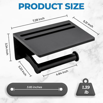 Toilet Paper Holder with Shelf, Black Anti-Rust Aluminum Tissue Roll Holder with Mobile Phone Storage Shelf for Bathroom, 3M Self Adhesive No Drilling or Wall Mounted with Screws